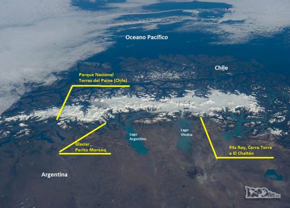 Imagem da NASA mostra o Campo de Gelo Sul, entre Chile e Argentina, a segunda maior extensão de gelo no mundo fora das regiões polares. Diversos parques nacionais nos dois países protegem essa área